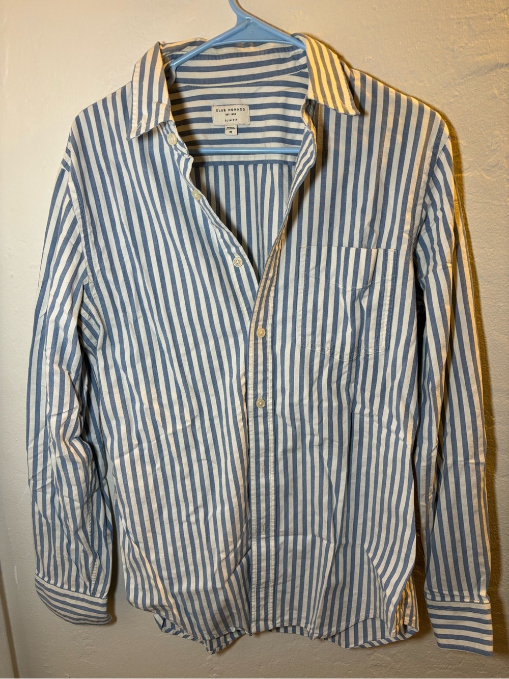 Club Monaco Light Blue and White Vertical Stripe Button-Up Shirt